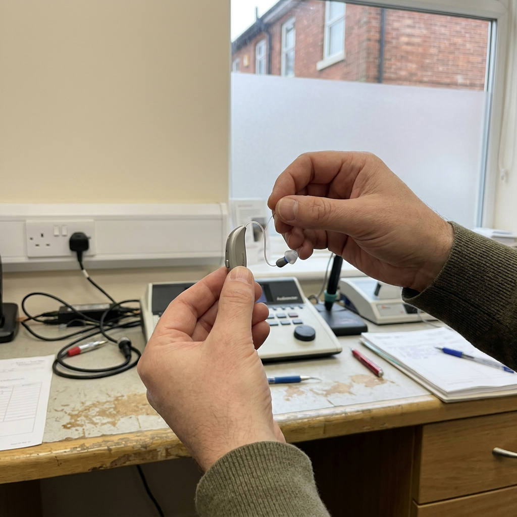Hands hold a hearing aid near an audiometer with a brick building visible outside.