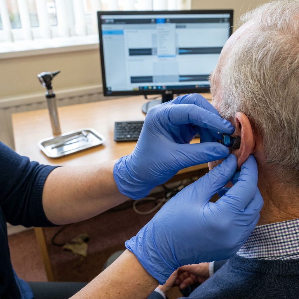 Gloved clinician fits a hearing aid into an older patient's ear near a desk.