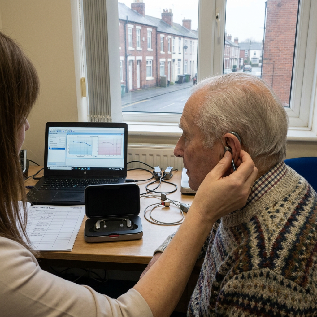 Audiologist fits a hearing aid for an older patient beside a laptop showing audiogram results.