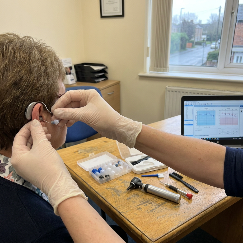 Clinician fits a hearing aid behind a patient's ear near a window overlooking a street.