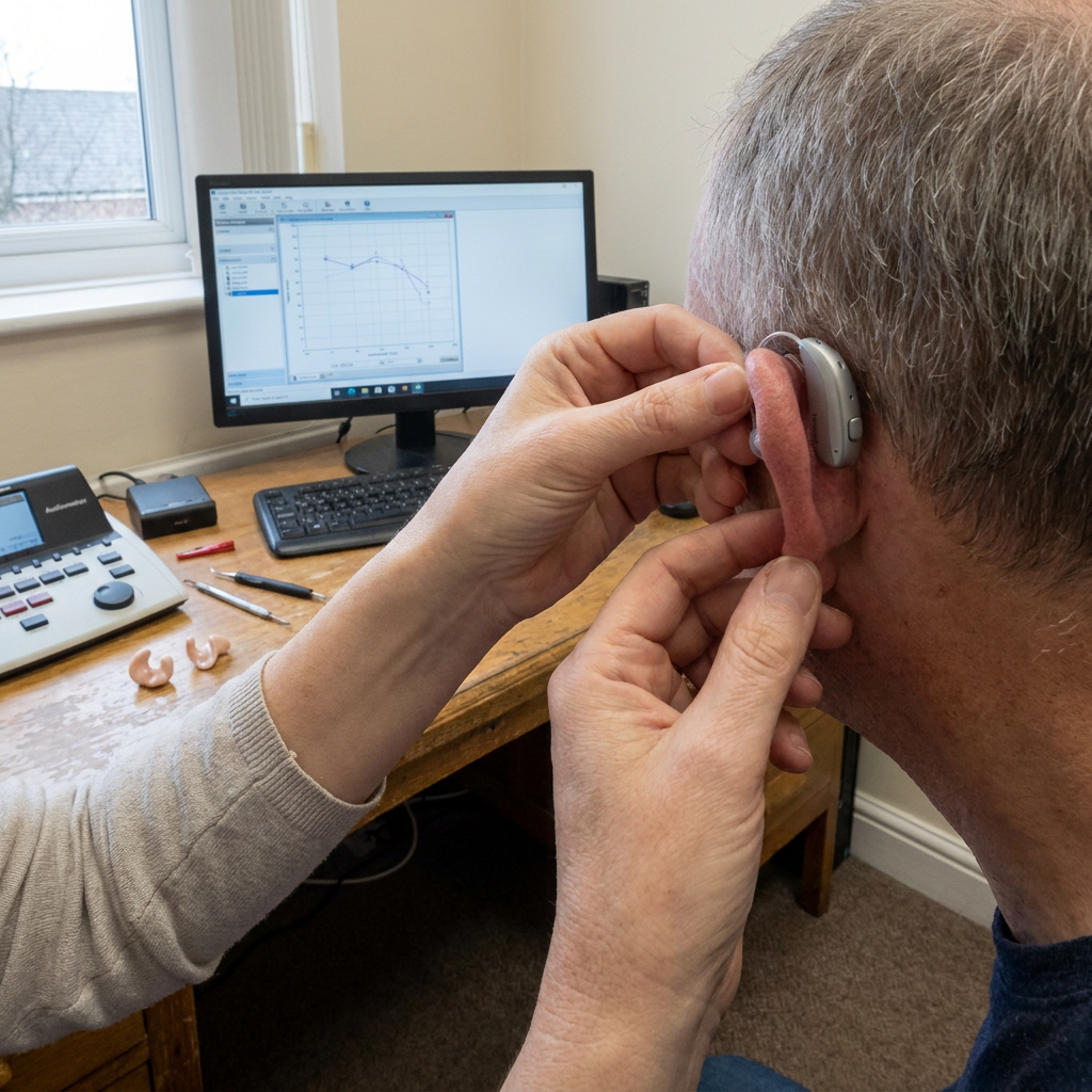 Clinician adjusts a behind-the-ear hearing aid while viewing an audiogram on screen.