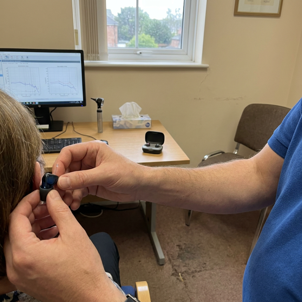 Clinician fits a small hearing aid into a patient's ear in a clinic room.
