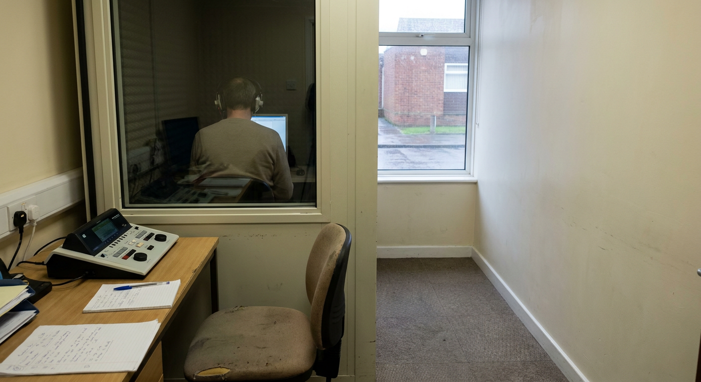 Sound-treated testing booth with a person wearing headphones viewed through a window.